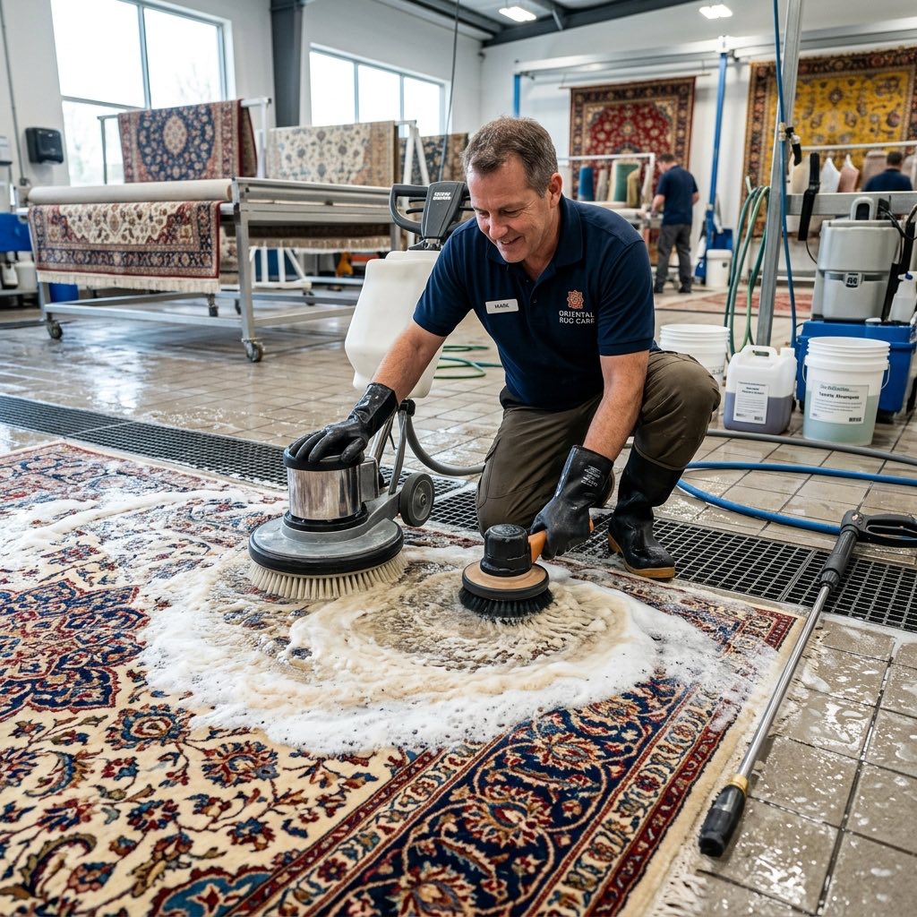 Area rug prepared for professional cleaning